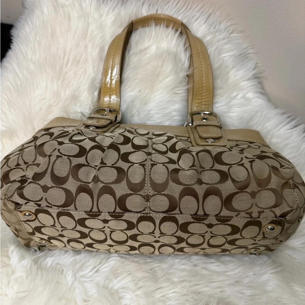 Coach Beige Monogram Shoulder Bag with Cream Trim#F13742